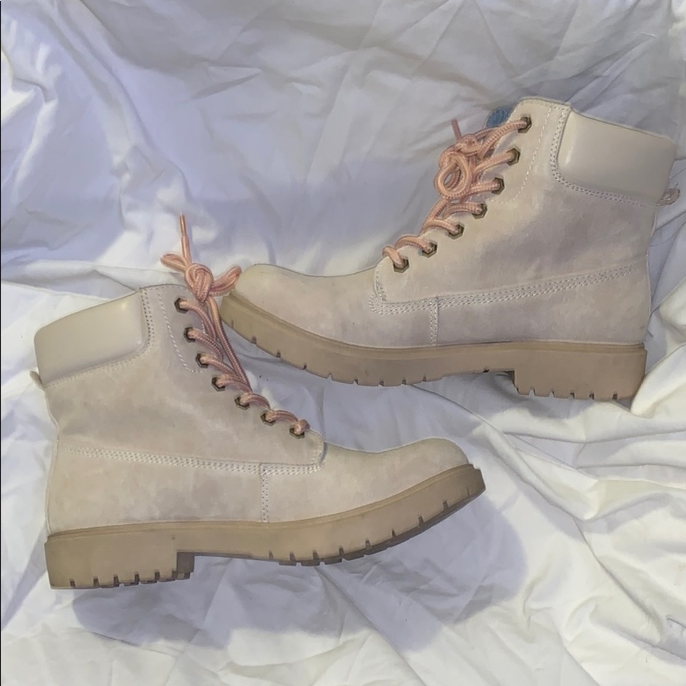 Pink lace taupe boots